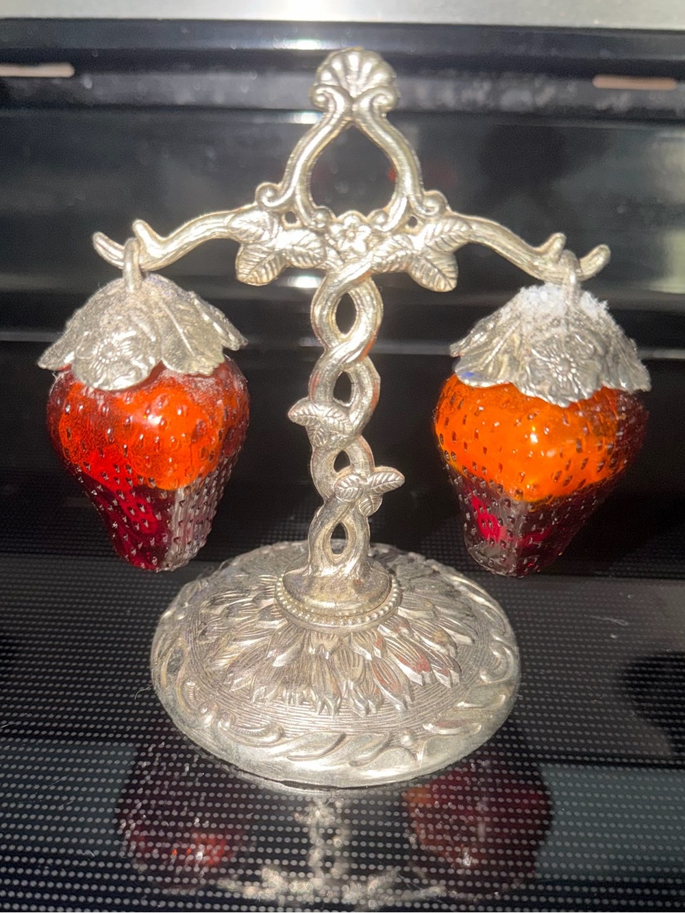 Vintage Silver Strawberry Salt & Pepper Shakers - Orange/Red Glass